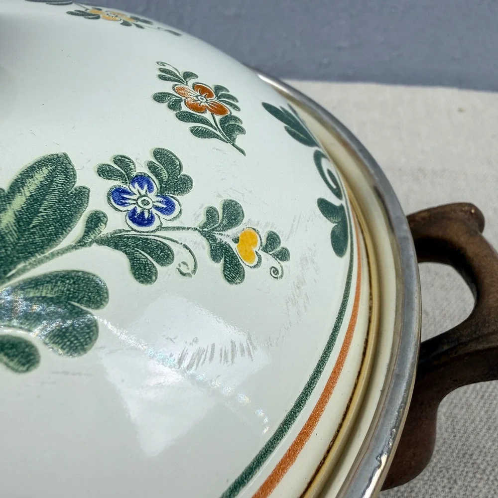 ASTA Enamelware‎ Floral Casserole Pot with Lid West Germany Brass Handles